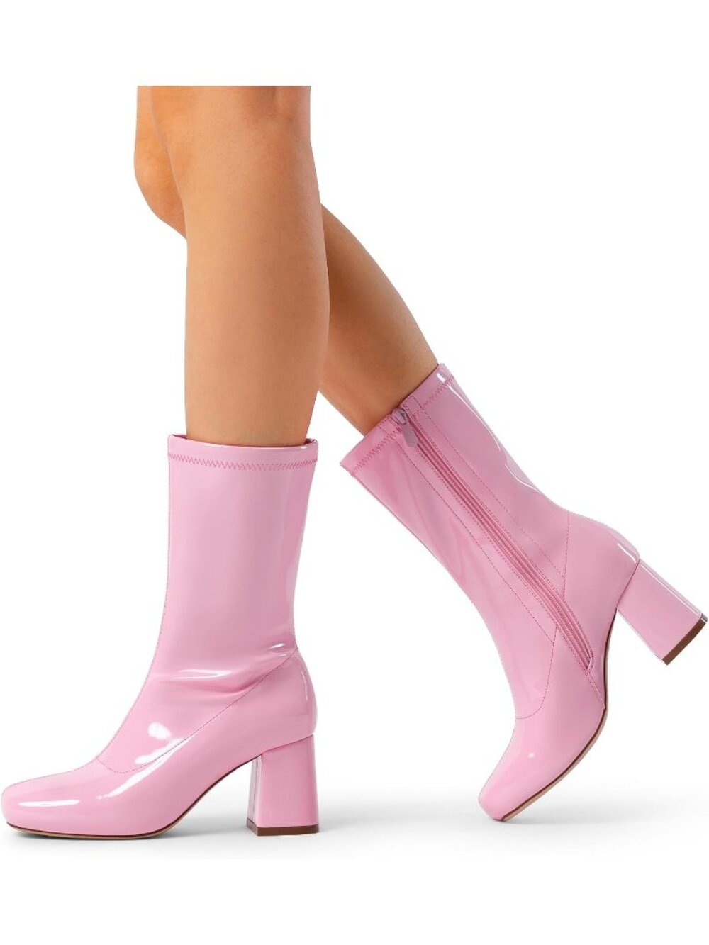 DREAM PAIRS Women's Pink Low Block Heel Zipper Ankle Mid Calf Gogo Boot Shoes - Picture 2 of 6